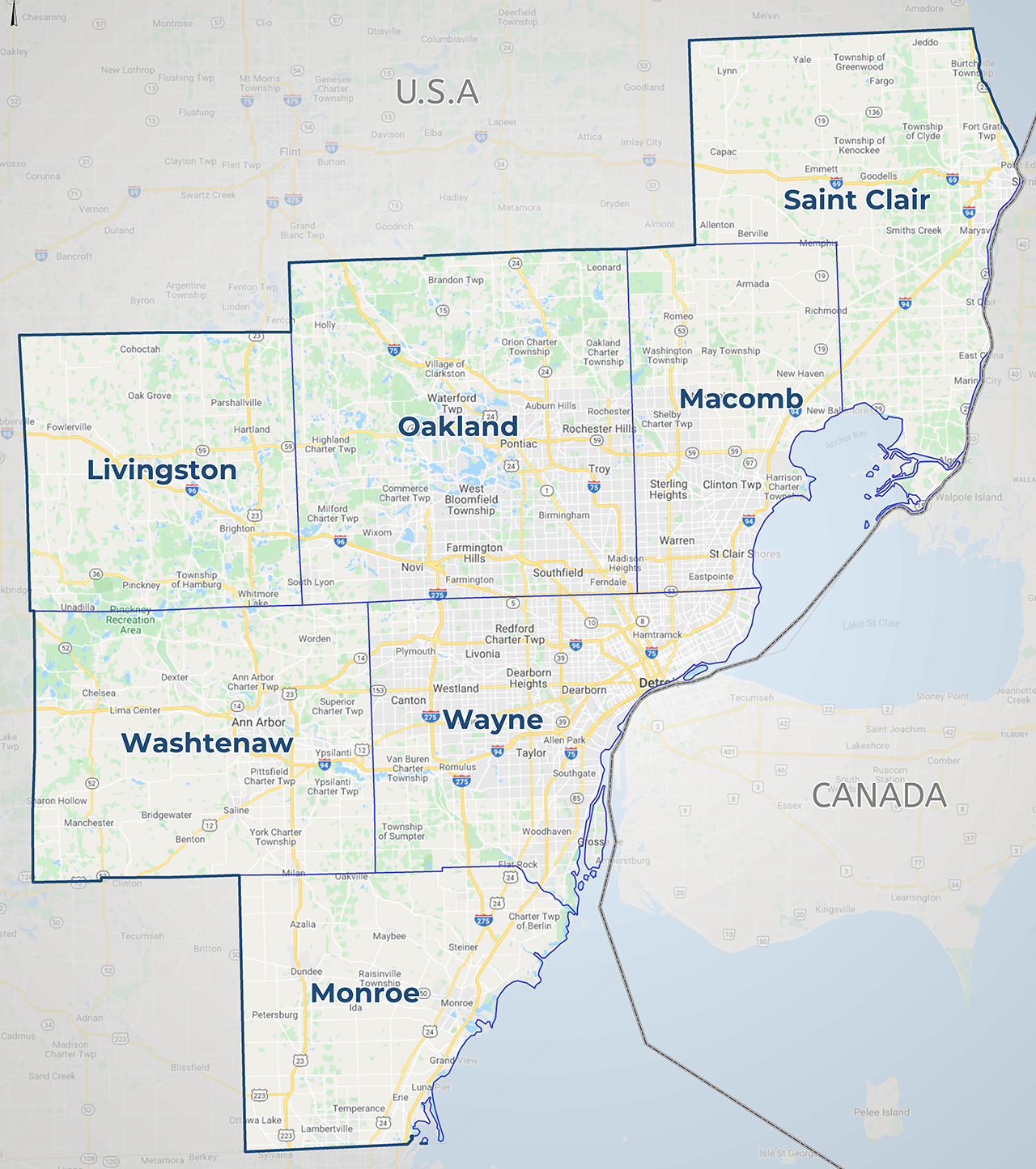a map showing southeast Michigan